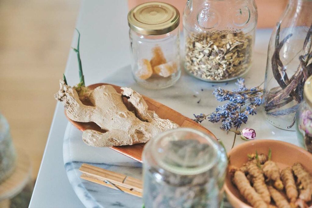 dried herbs and flowers on a table