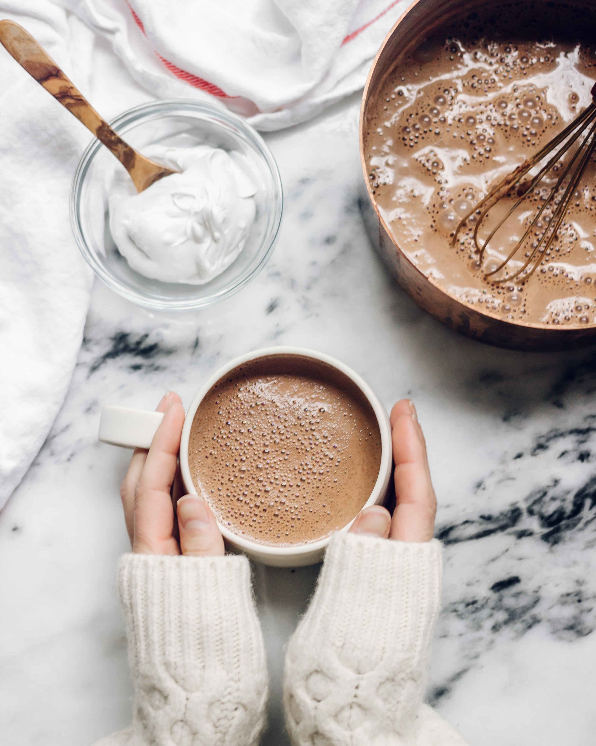 dairy free hot chocolate on a marble background