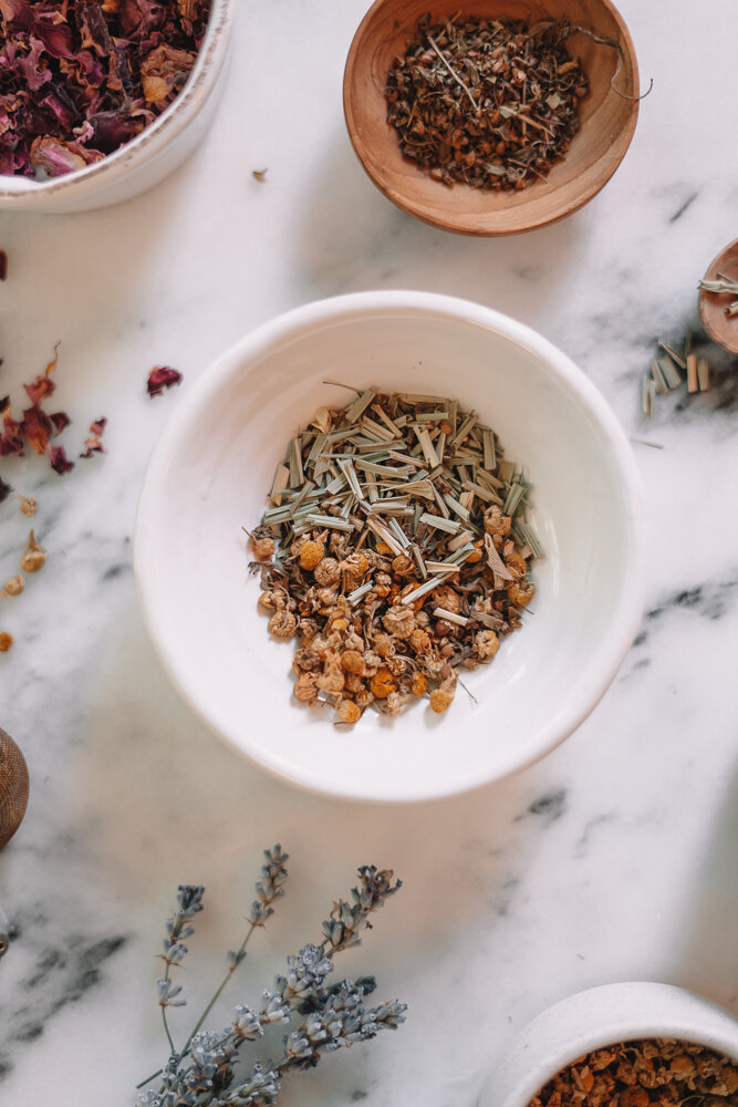 herbal tea recipe blend in a small white bowl