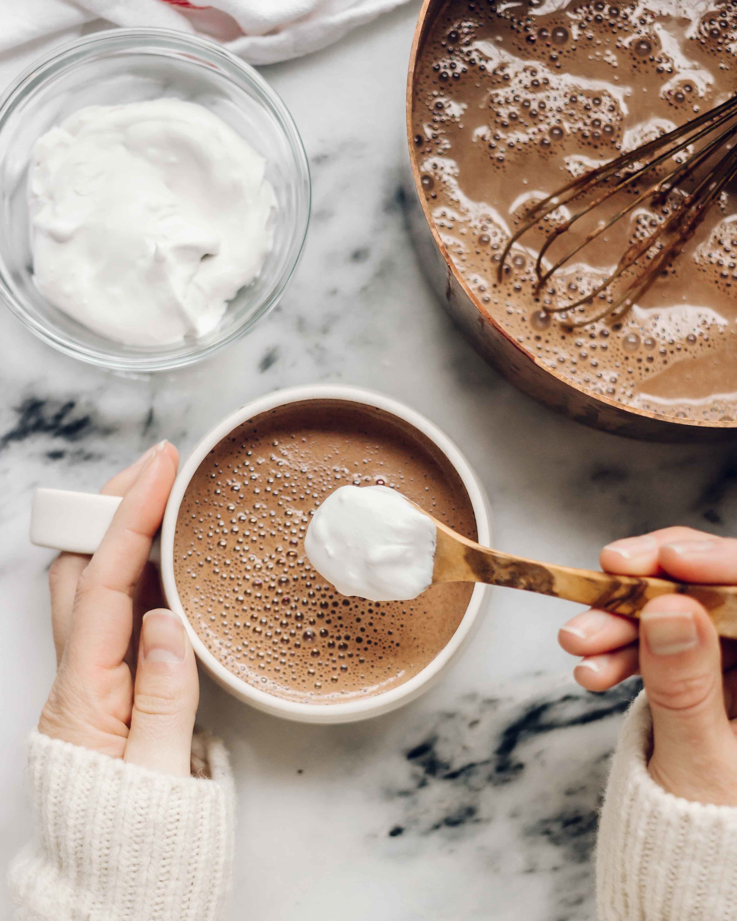 dairy free hot chocolate on a marble background