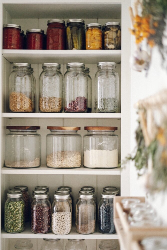 glass food storage jars in a plastic free pantry