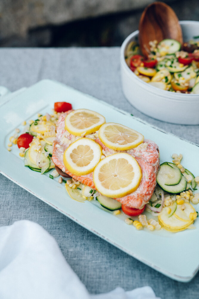 lemon butter grilled wild sockeye salmon recipe with seasonal summer vegetable salad