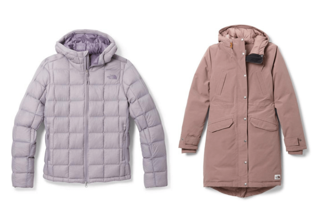 purple and dusty rose sustainable winter coats by the north face