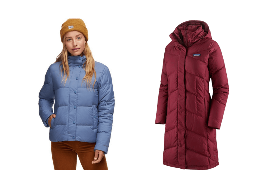 blue and red insulated sustainable winter coats by patagonia